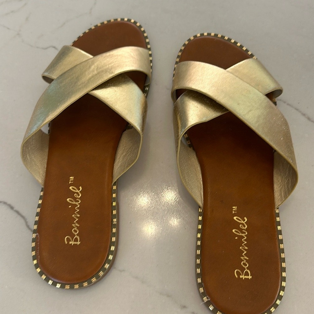 X Cross Band Gold Trim Sandals Slides-Size 7